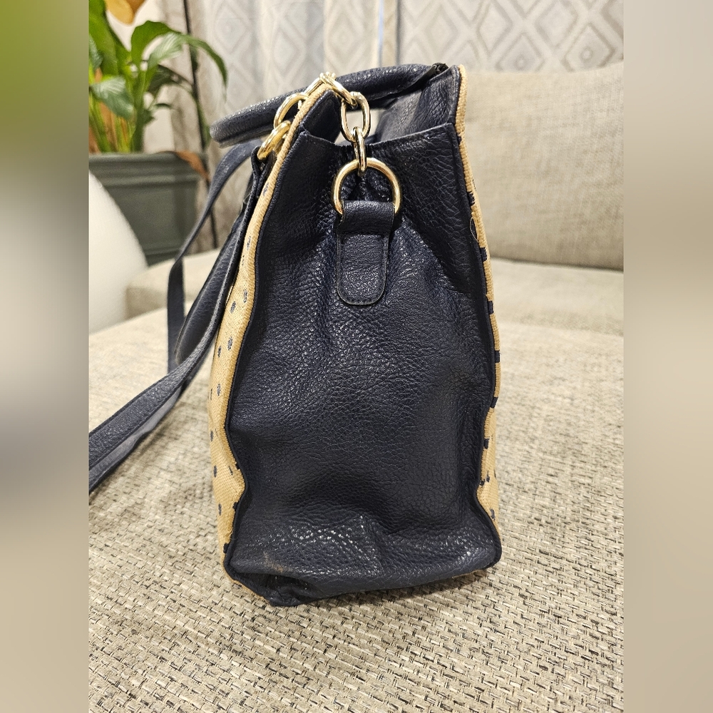 Tan & navy satchel top handle adjustable crossbody versatile purse bag - Picture 4 of 8